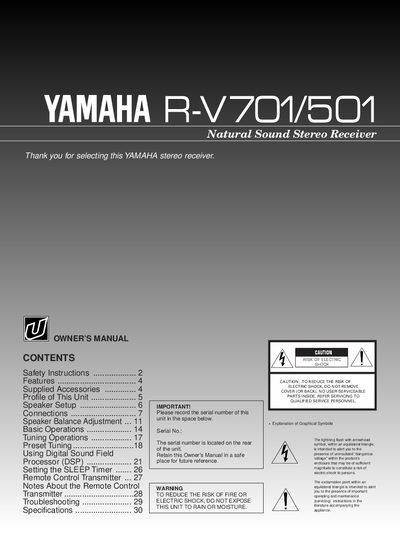 Yamaha R-V701/501 Stereo Receiver Owner's Manual - cover page