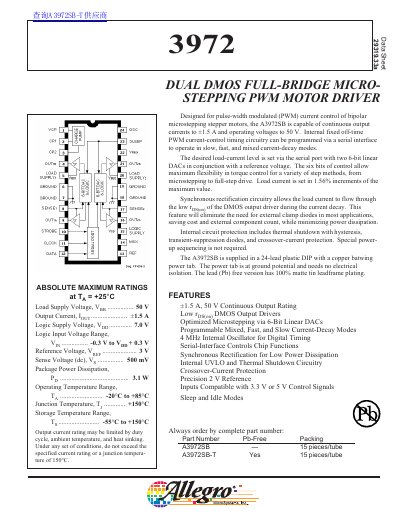 Allegro A3972SB Dual DMOS Full-Bridge Microstepping PWM Motor Driver Datasheet