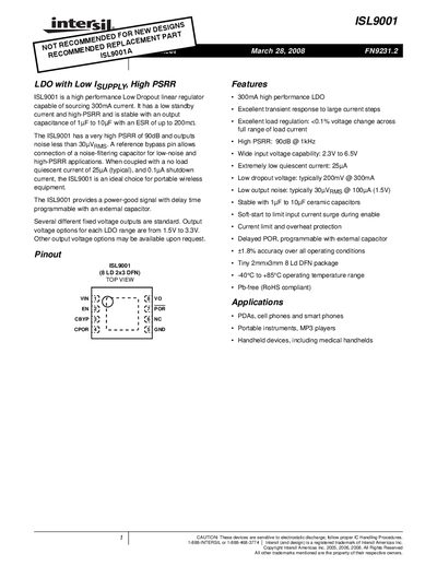 Intersil ISL9001 Low Dropout Regulator Datasheet