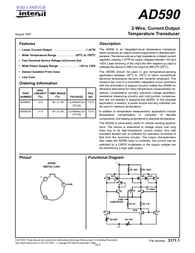 Intersil AD590 2-Wire Current Output Temperature Transducer Datasheet - cover page