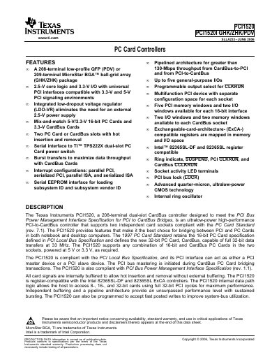 TEXAS INSTRUMENTS PCI1520 PCI1520I GHK/ZHK/PDV handbook - cover page