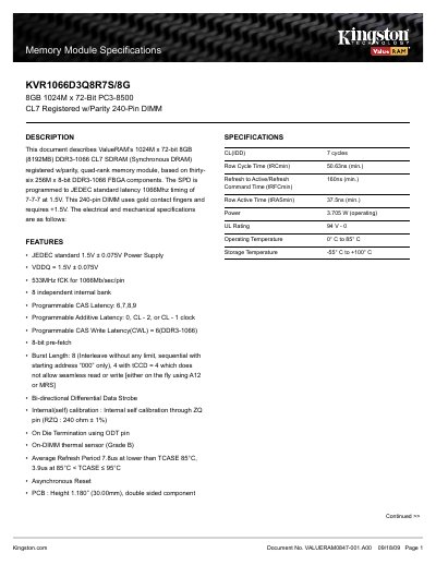 Kingston KVR1066D3Q8R7S/8G Memory Module Specifications - cover page