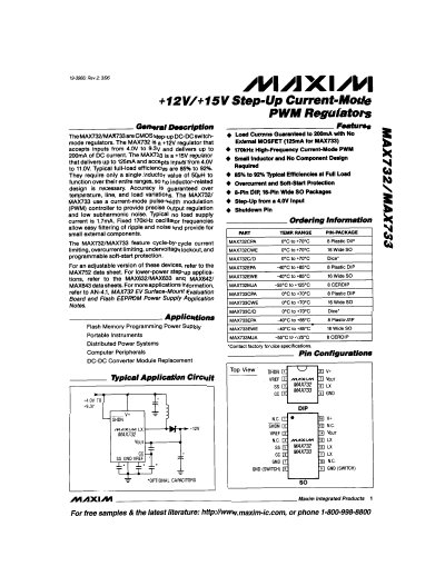 Maxim MAX732/MAX733 Step‑Up DC‑DC Switch‑Mode Regulator Datasheet - cover page
