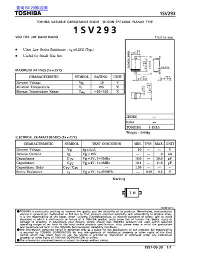 Toshiba 1SV293 Variable Capacitance Diode Datasheet - cover page
