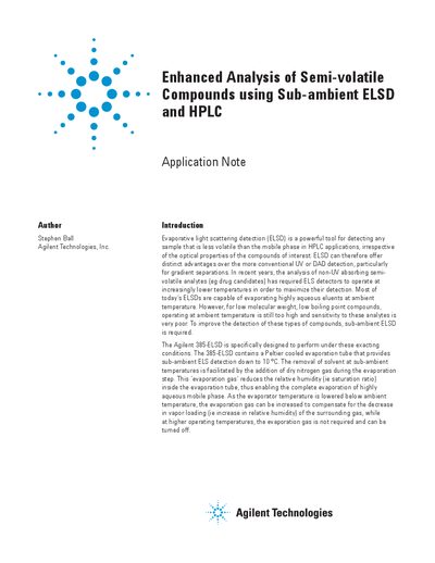 Agilent 385-ELSD Enhanced Analysis of Semi-volatile Compounds Application Note - cover page