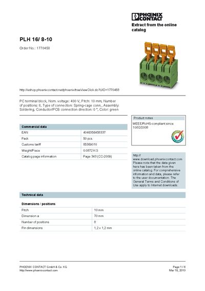 Phoenix Contact PLH 16/8-10 Handbook - cover page