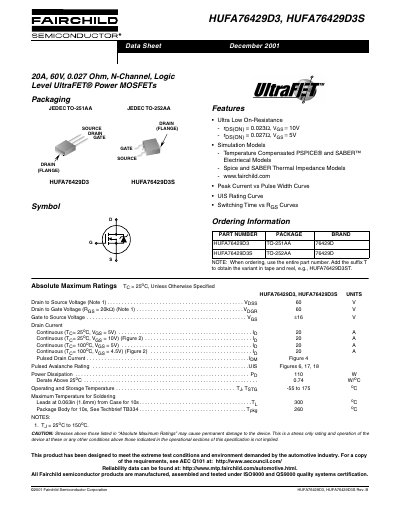 Fairchild Semiconductor HUFA76429D3/HUFA76429D3S N-Channel Power MOSFET Datasheet - cover page