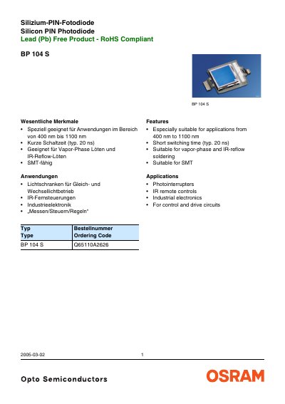 OSRAM BP104S Silicon PIN Photodiode Datasheet - cover page
