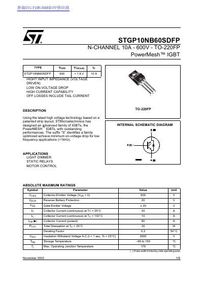 STMicroelectronics STGP10NB60SDFP PowerMesh IGBT Datasheet