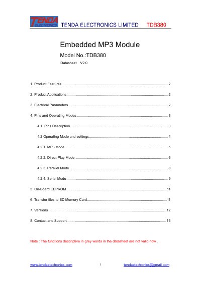 Tenda TDB380 MP3 Module Datasheet - cover page