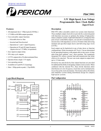 PERICOM PI6C39911 3.3V High-Speed Low-Voltage Programmable Skew Clock Buffer SuperClock Manual - cover page
