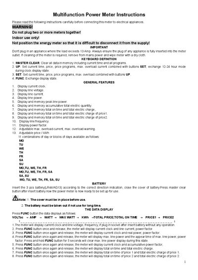 Yidong Electronic EME-1 Multifunction Power Meter Instructions Handbook - cover page