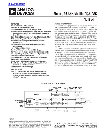 Analog Devices AD1854 Stereo Audio DAC Datasheet - cover page