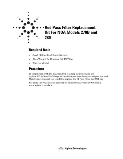 Agilent NOA Models 270B and 280 Red Pass Filter Replacement Kit Parts List - cover page