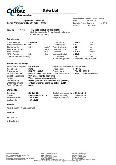 Allweiler SMS210 ER46D6.9-W63-B-OR Self-priming Screw Pump Datasheet - cover page