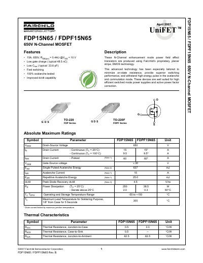 Fairchild FDP15N65/FDPF15N65 650V N-Channel MOSFET Datasheet - cover page