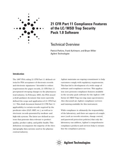 Agilent LC/MSD Trap Security Pack 1.0 Software 21 CFR Part 11 Compliance Features Application Note - cover page