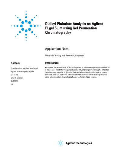 Agilent PLgel 5 µm Dialkyl Phthalate Analysis Application Note - cover page