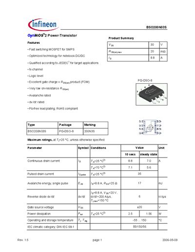 Infineon BSO200N03S Datasheet - cover page