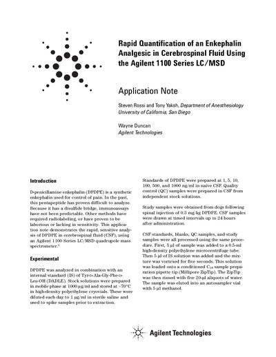 Agilent 1100 Series LC/MSD Application Note: Rapid Quantification of an Enkephalin Analgesic in Cerebrospinal Fluid - cover page