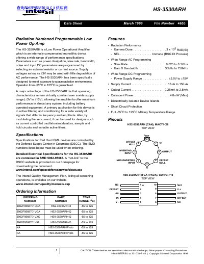 Intersil HS-3530ARH Radiation Hardened Programmable Low Power Op Amp Datasheet - cover page