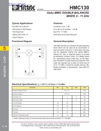 Hittite HMC130 GaAs MMIC Double-Balanced Mixer Datasheet - cover page