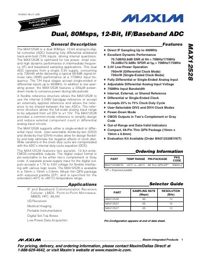 Maxim Integrated MAX12528 Dual 80Msps 12‑Bit IF/Baseband ADC Datasheet - cover page