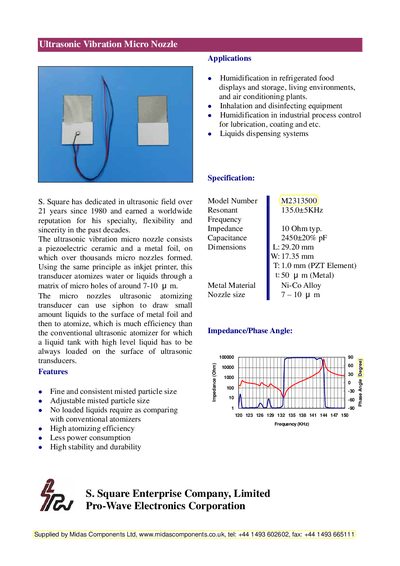 Pro-Wave M2313500 Ultrasonic Vibration Micro Nozzle Datasheet - cover page