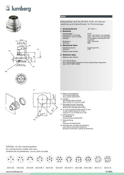 LUMBERG 0314 Einbaustecker nach IEC 60130-9 IP 68 mit Schraubverschluss und L&ouml;tanschl&uuml;ssen f&uuml;r Frontmontage - cover page