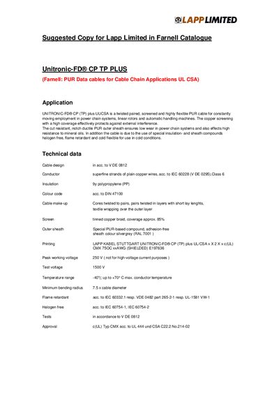 LAPP UNITRONIC-FD CP TP PLUS Product Leaflet - cover page
