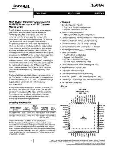 Intersil ISL6265A Multi-Output Controller Datasheet - cover page