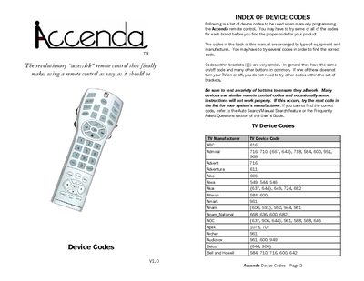 Accenda Remote Control Device Codes Programming Manual - cover page