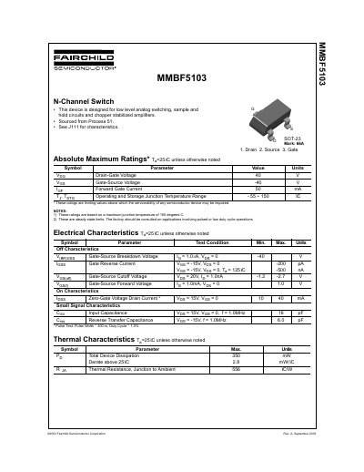 Fairchild Semiconductor MMBF5103 N-Channel Switch Datasheet - cover page
