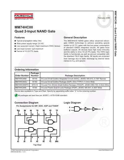 Fairchild MM74HC000 Quad 2-Input NAND Gate Datasheet - cover page