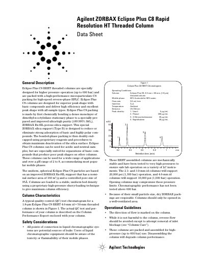 Agilent ZORBAX Eclipse Plus C8 Rapid Resolution HT Threaded Column Datasheet