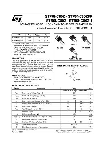 ST STP6NC80Z handbook - cover page