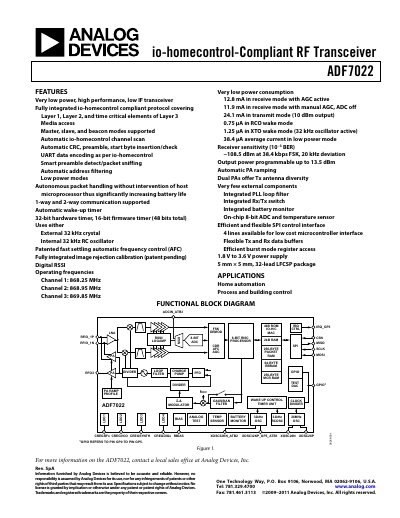 Analog Devices ADF7022 RF Transceiver Datasheet - cover page