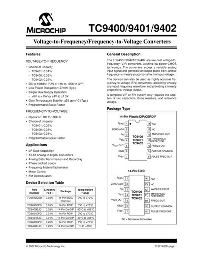 Microchip TC9400/TC9401/TC9402 Voltage-to-Frequency / Frequency-to-Voltage Converters Datasheet - cover page