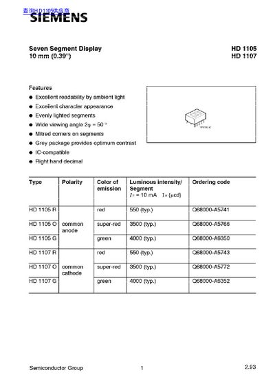 Siemens HD 1105/1107 Seven Segment Display Datasheet - cover page