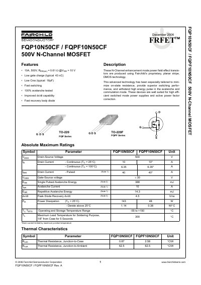Fairchild Semiconductor FQP10N50CF/FQPF10N50CF 500V N-Channel MOSFET Datasheet - cover page