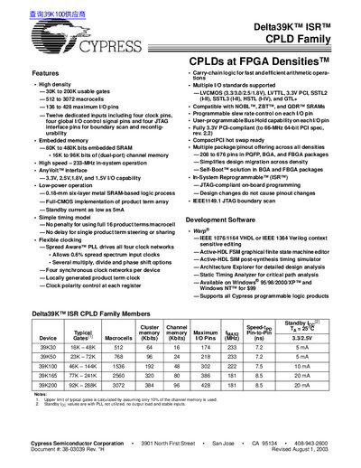 Cypress Delta39K ISR CPLD Family Datasheet - cover page