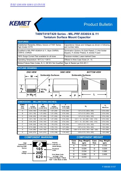 KEMET T409/T419/T429 Series - MIL-PRF-55365/4 /11 Tantalum Surface Mount Capacitor1 - cover page