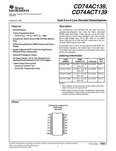 Texas Instruments CD74AC139/CD74ACT139 Datasheet - cover page