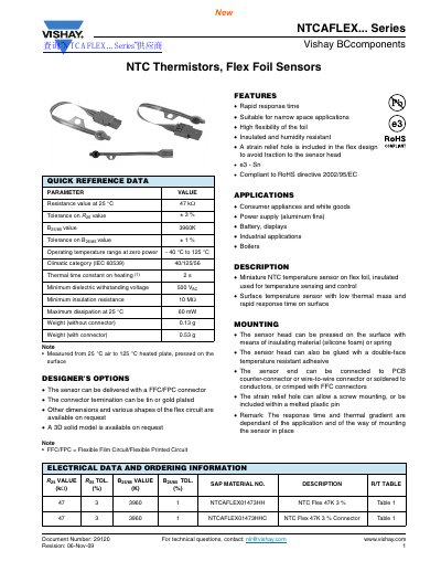 Vishay NTCAFLEX Series NTC Thermistor Flex Foil Sensor Datasheet - cover page