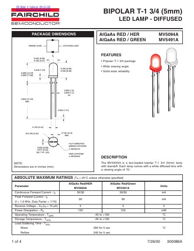 Fairchild MV5094A/MV5491A Bipolar T-1 3/4 LED Lamp Datasheet - cover page