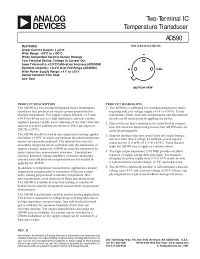 Analog Devices AD590 Temperature Transducer Datasheet