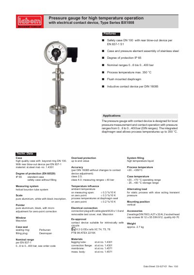 Labom BX1008 Series Pressure Gauge with Electrical Contact Device Datasheet - cover page