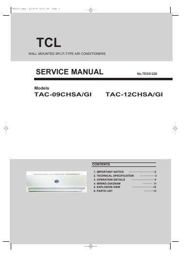 TCL TAC-09CHSA/GI / TAC-12CHSA/GI Wall Mounted Split-Type Air Conditioner Service Manual - cover page