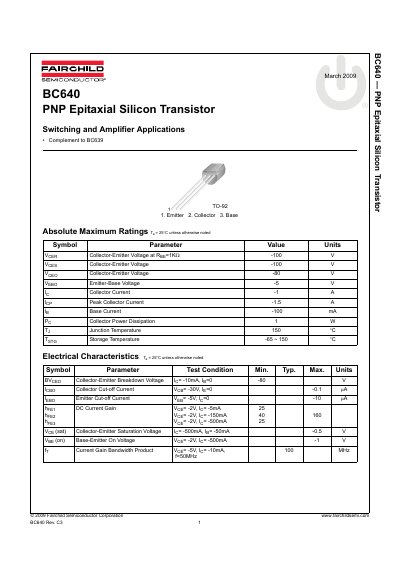 Fairchild Semiconductor BC640 PNP Epitaxial Silicon Transistor Datasheet - cover page