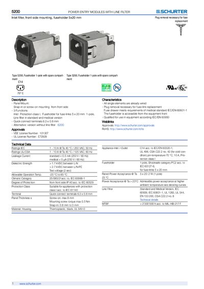 Schurter 5200 Power Entry Modules with Line Filter Handbook - cover page